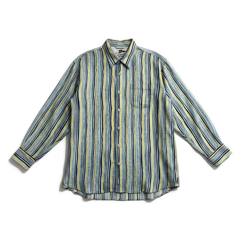 Tommy Bahama Shirt Blue Striped Linen Button Down Long Sleeve Mens XL Casual